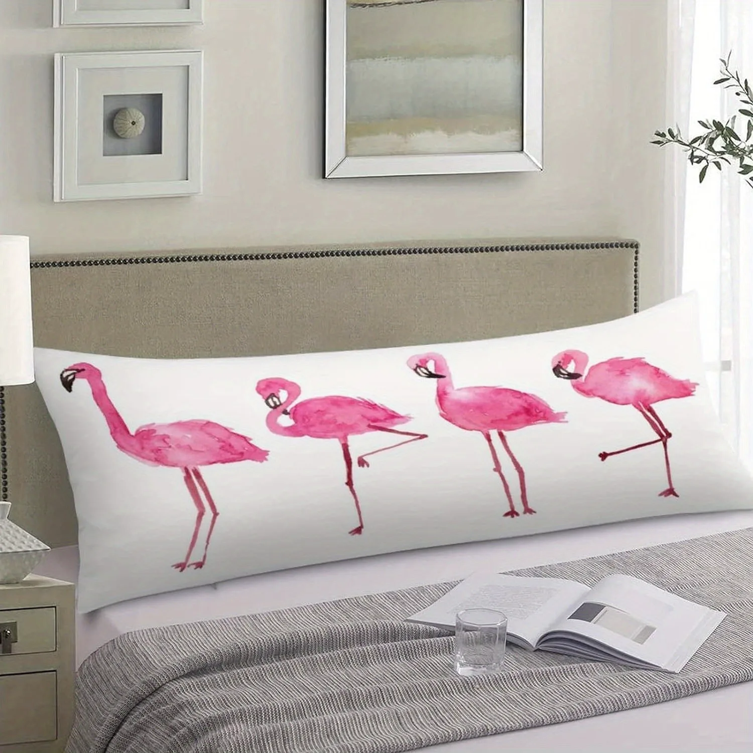 Tropical Pink Flamingo Body Pillow Cover -Cute Exotic Animal Bird Design Large Rectangle Decorative Case Polyester Fabric