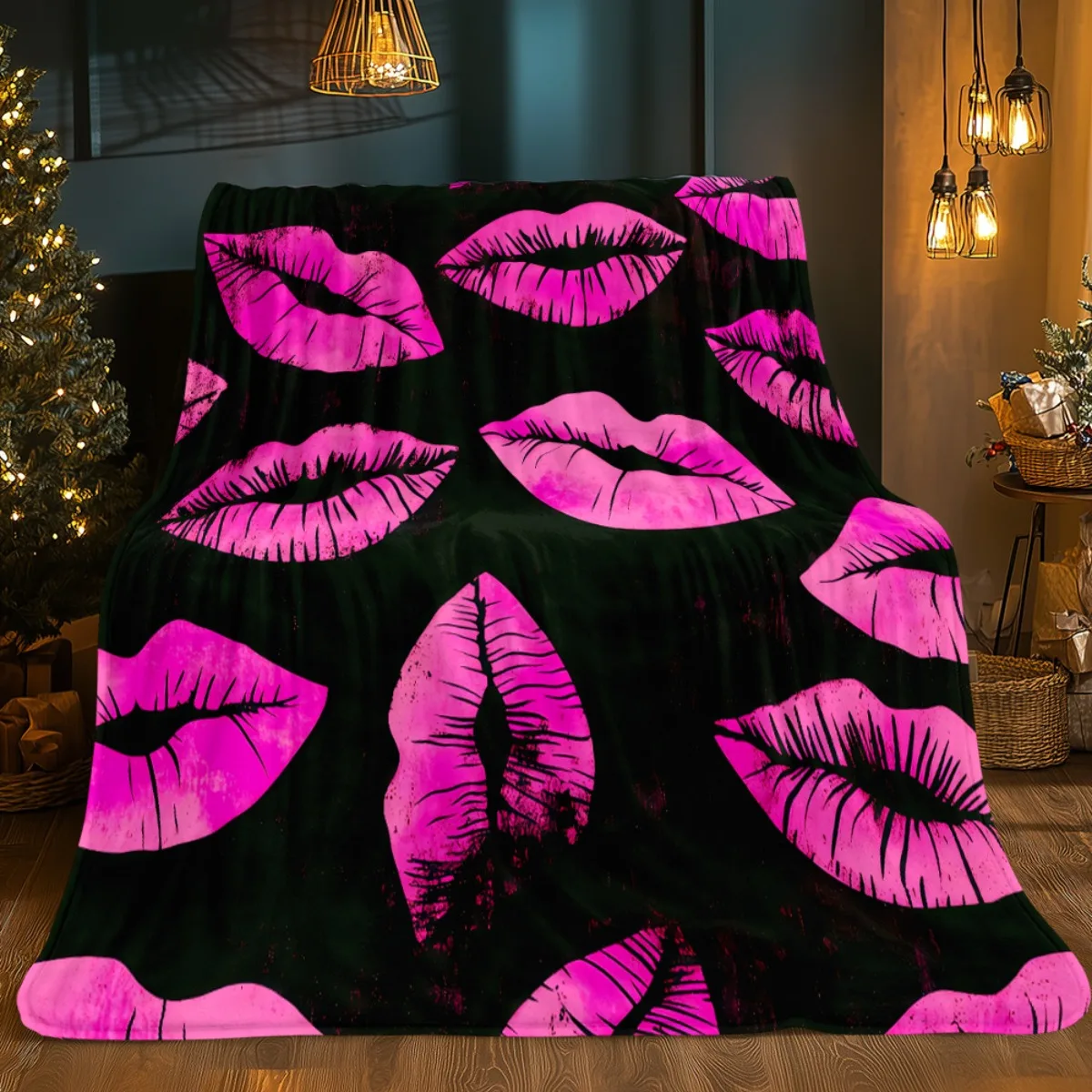 Custom Lips Blanket Pink Lipstick Kiss Pattern Black Background Design Personalized Name Fleece Throw All Season Soft Warm