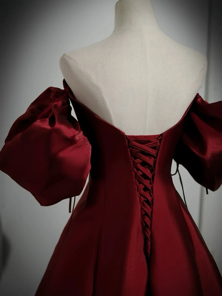 Weinrote A-Linie-Abschlussballkleider, schulterfrei, kurze Puffärmel, Prinzessin, langes Maxikleid, formelle Anlässe, Hochzeit, Abendkleid, Party