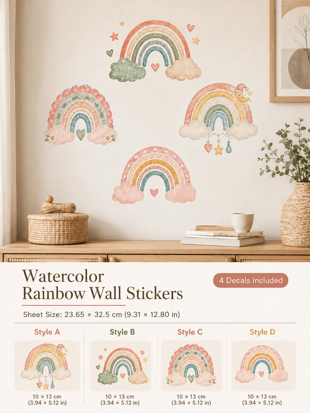 Watercolor Rainbow Cloud Wall Stickers, Peel and Stick Nordic Style Wall Decals, 4 Patterns Home Decor Stickers