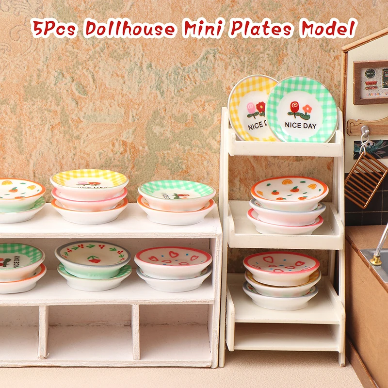 5Pcs 1/12 Dollhouse Mini Simulation Plates Dishes Model Kitchen Accessories For Dolls House Decoration Kids Pretend Play Toys