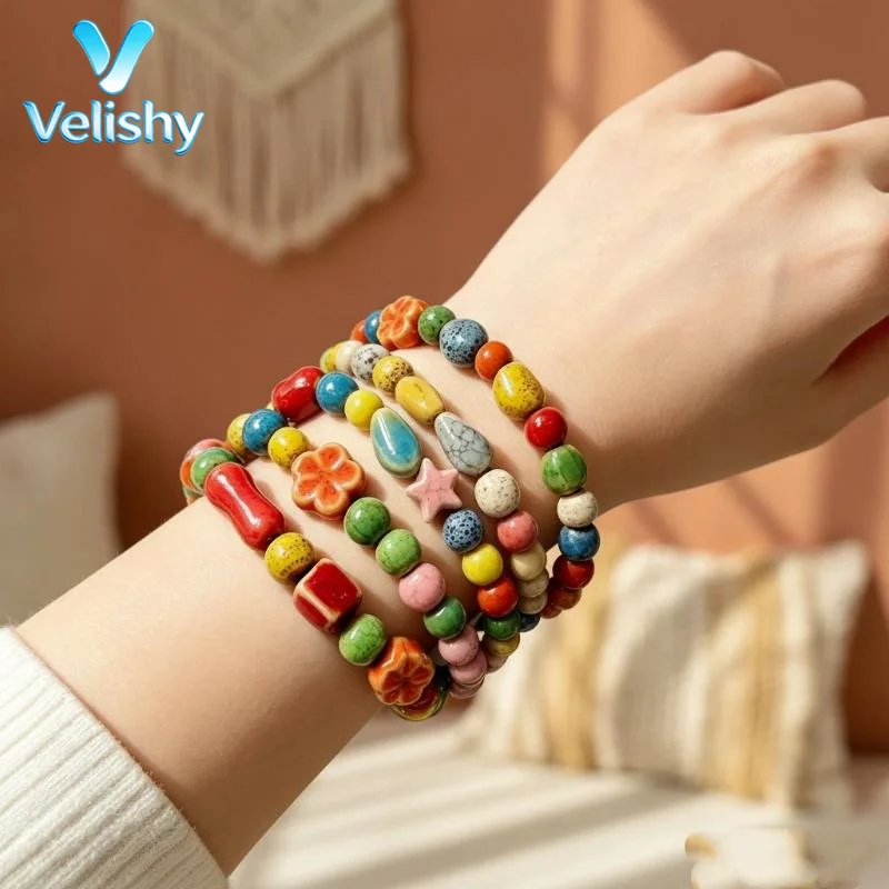 Handcrafted Elastic Wristband With Multicolor Ceramic Beads, Bohemian Style Daily Beach Bracelet Jewelry Gift For Ladies