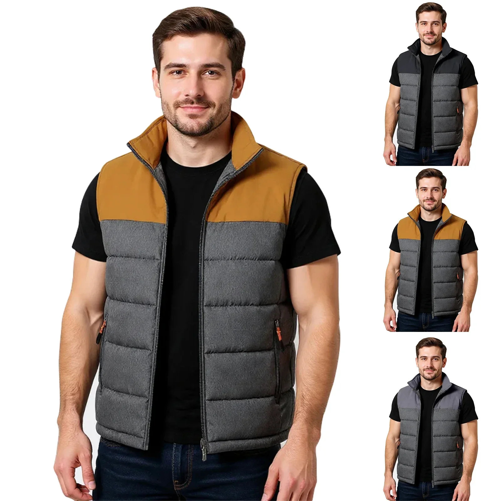 Autumn Winter Men's Loose Casual Jacket Sleeveless Zipper Down Vest Male Solid Color Warm VestsMens Stand-up Collar Coats