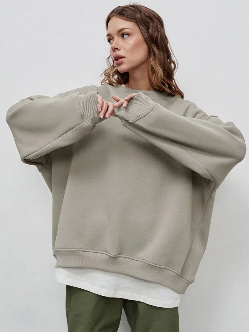 Round Neck Pullover Hoodie Mid Length Alternative Street with Loose Fit Single Regular Thickness Streetwear Women Sweatshirts