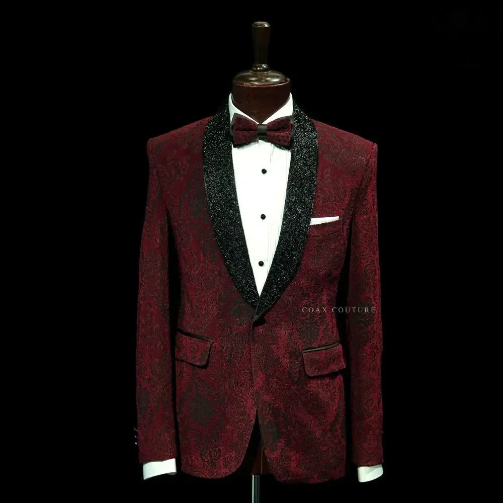 

Dark Red Formal Men Suits Jacquard Weave Two Pieces Groom Wear ( Jacket + Pants )