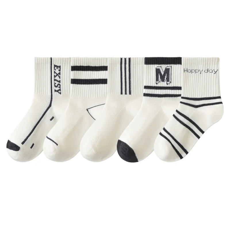 

5 Pairs Kids Fashion Mid-calf Socks Breathable Cotton Mesh Girls Boys School Sports Long Socks Children Clothing Accessories