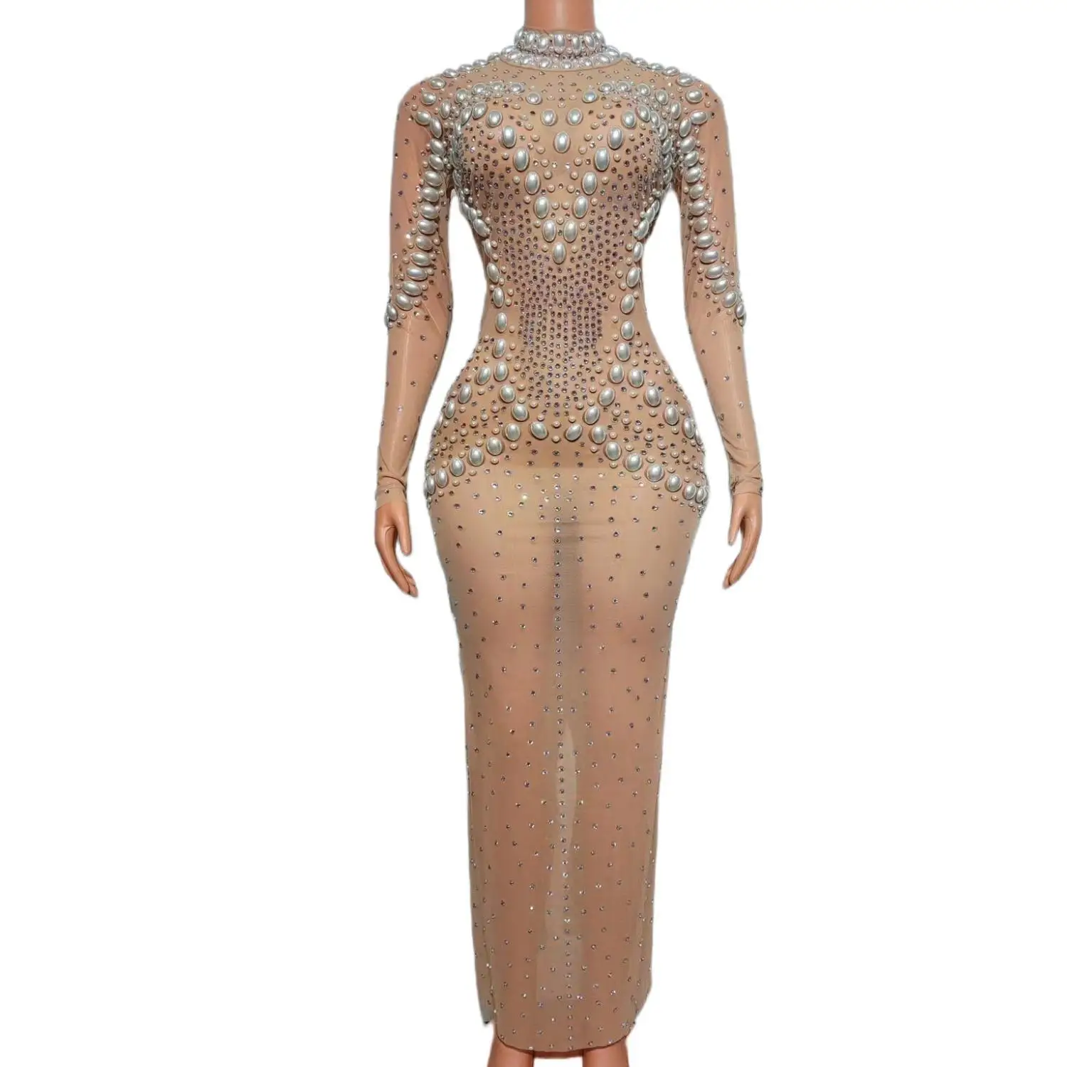 

Women Sexy Stage Big Pearls Rhinestones Stretchy Transparent Dresses Evening Birthday Celebrate Outfit Sexy Dancer Dress Guaguo