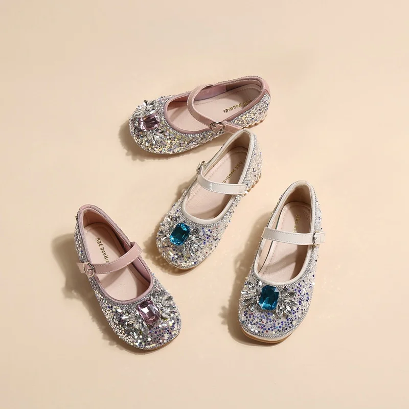 

Girls Pink Princess Shoes 2026 New Thick Heel Rhinestone Pumps Kids Party Performance Dress Flats for Girls Special Occasion
