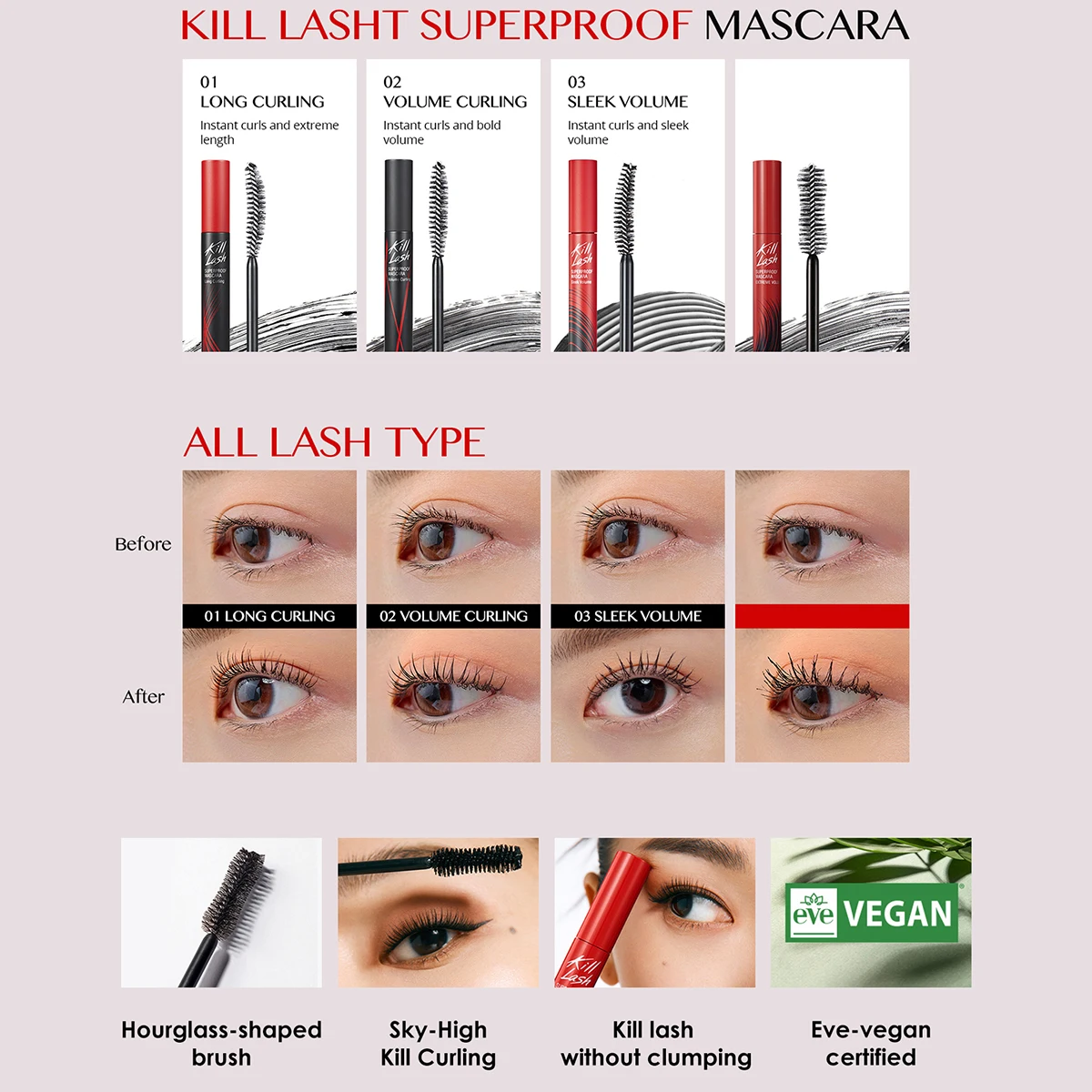 CLIO Kill Lash Superproof Mascara,Volumizing Formula,Lightweight & Clump-Free,Defined & Separated,Korean Cosmetic,Korean Makeup