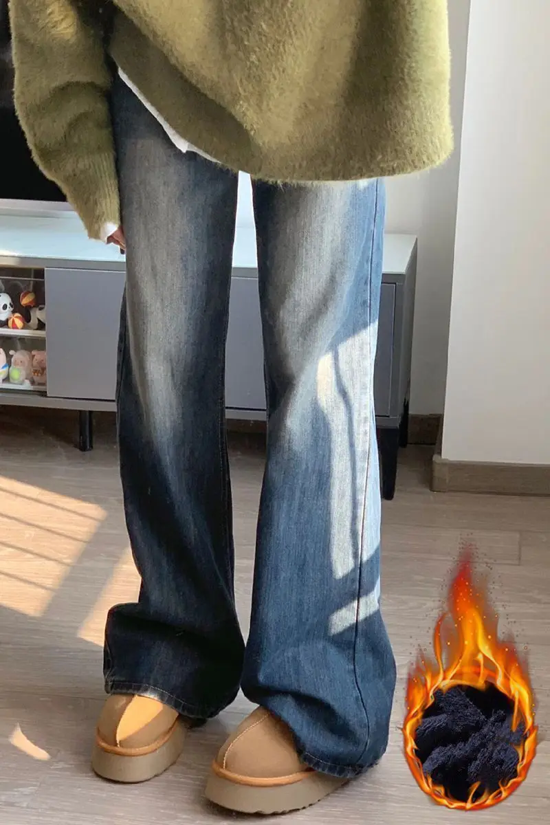 

Зимние удлиненные расклешенные джинсы в американском стиле ретро 2025 года, женские свободные прямые джинсовые брюки с высокой талией на флисовой подкладке