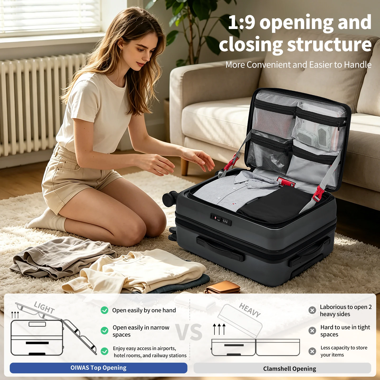 OIWAS PC Material Luggage 20 Inch Carry-On 24 Inch Large Capacity with Expansion Layer TSA Customs Lock Suitcase