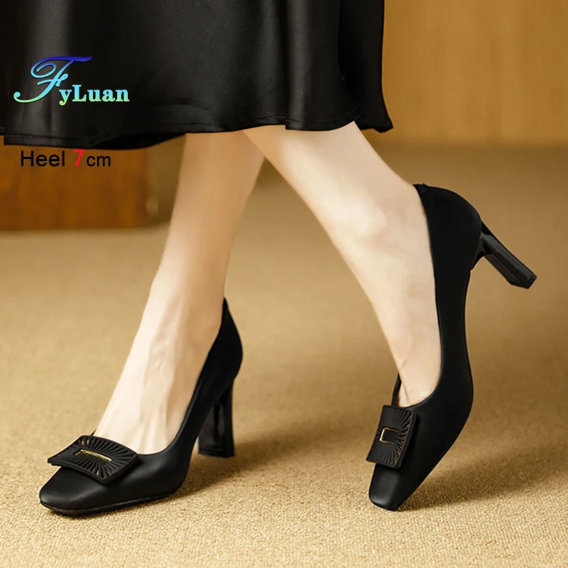 

Ladies Pumps 7CM Thick Heel Party Banquet Temperament Woman Shoes 2026 Spring Square Toe Shallow High Heels Fashion Single Shoes