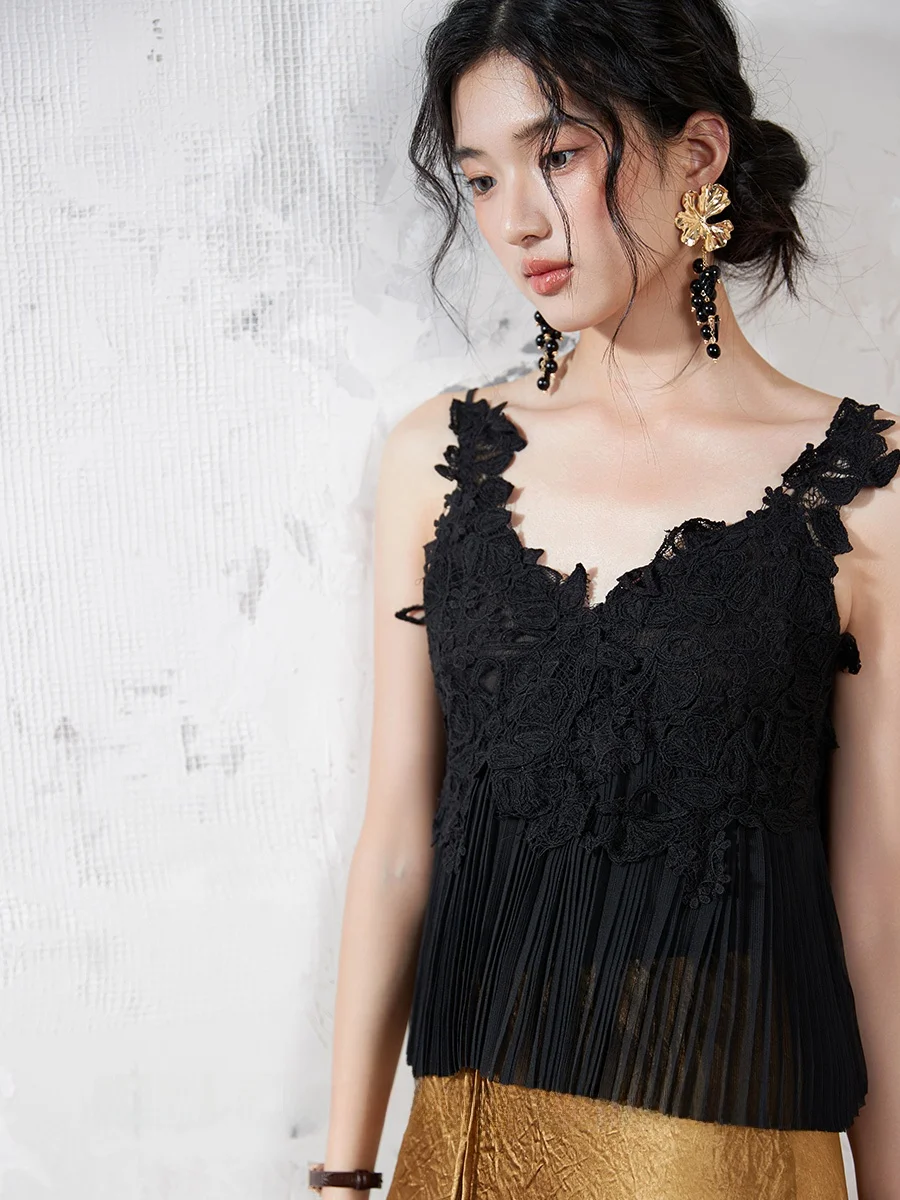 

Kiki Handmade Lace Pleated Strap Top Women's Design Sensation Romantic Floral Print Commute Style Short Length Polyester Fiber