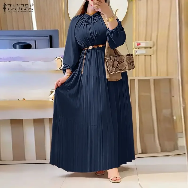 

ZANZEA Muslim Women Fashion Dresses Long Shirt Vestido 2026 Spring Long Lantern Sleeve Pleated Maxi Sundress Oversize Party Robe