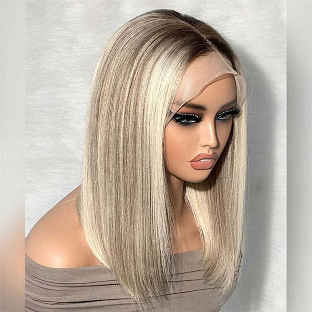 Highlight Blonde Synthetic Wig 12 Inch Ombre Short Lace Front Bob Wigs Straight Dark Roots Glueless Wig for Women Daily Party