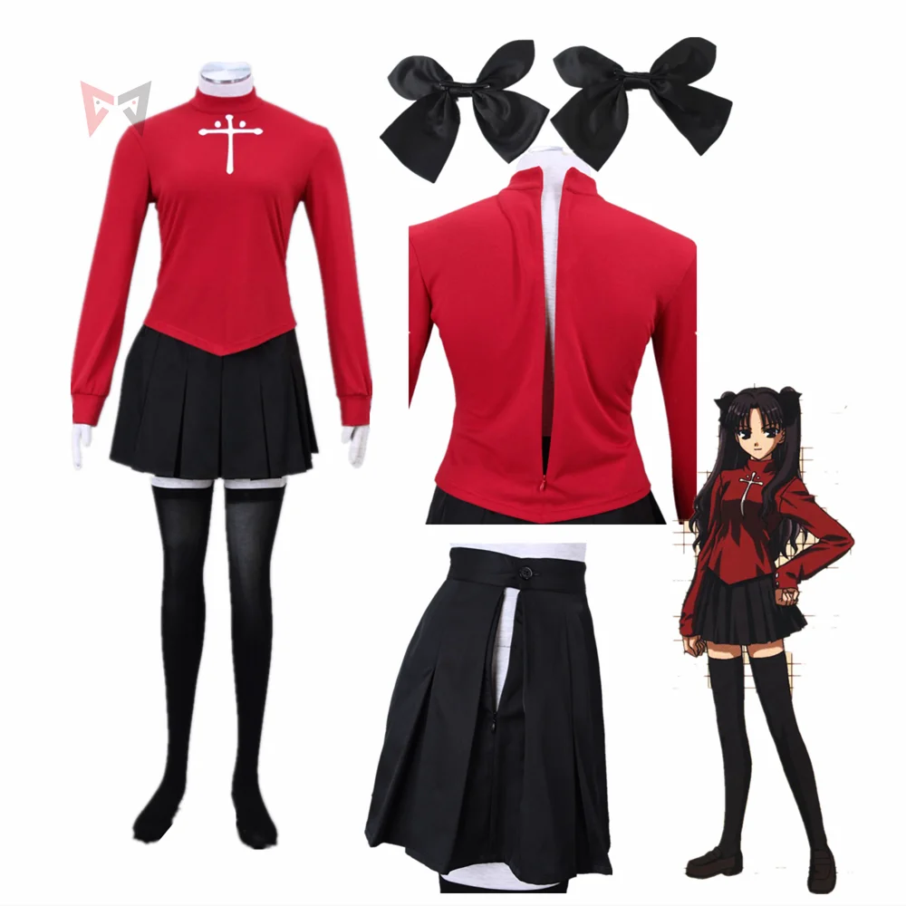 

Anime Fate Stay Night Tohsaka Rin Cosplay Costume For Kids Children Girl Plus Size Red Shirt Skirt Stocking Hairpins Set