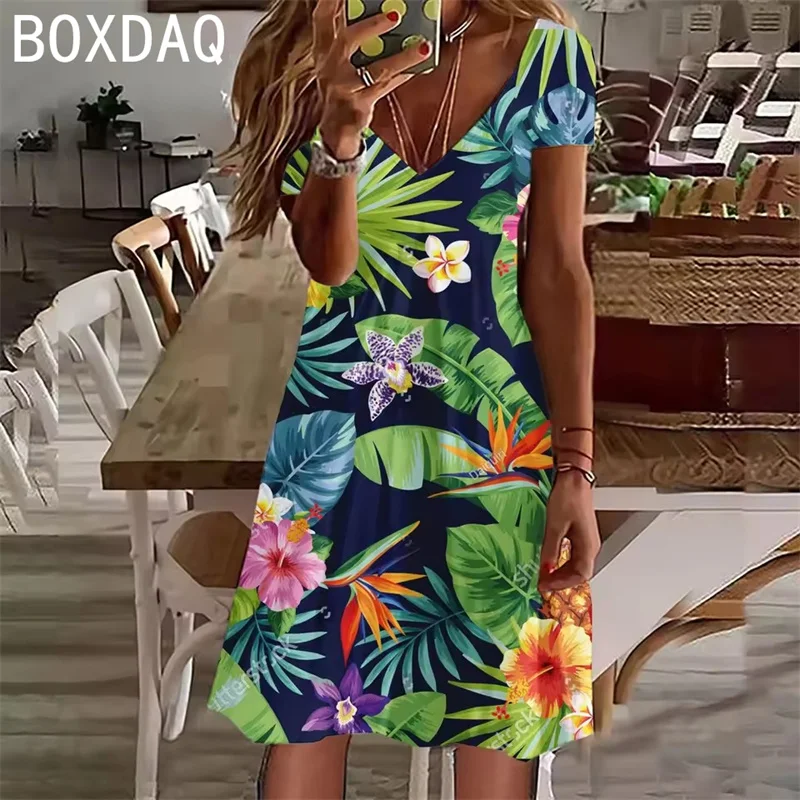 

Boho Flower Vintage Casual A-Line Dress Women Summer Short Sleeve V-Neck Hawaii Beach Party Dress 3D Coconut Tree Printed Dress