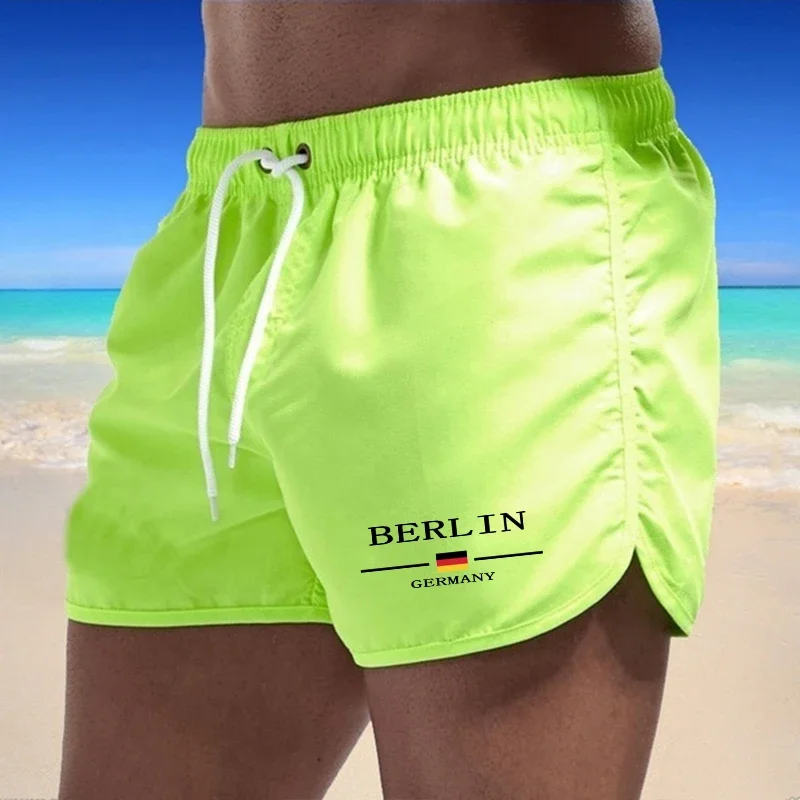 Men's Quick Dry Beach Shorts with Berlin Logo, Elastic Waist Drawstring Lightweight Swim Trunks for Summer Vacation Casual Wear
