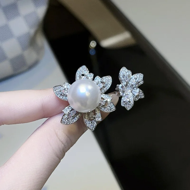 high-quality fashion grey pearl ring Original trendy silver 925 inlay diamonds flower rings for women wedding engagement jewelry