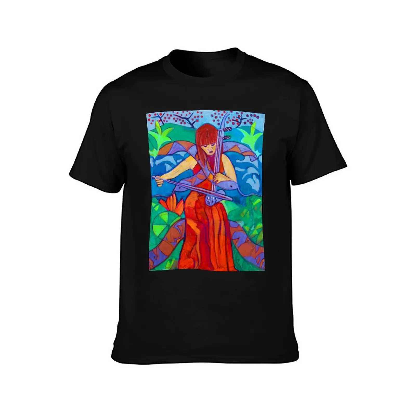 Erhu: Two Strings T-Shirt, Summer Casual Cotton Tee, Oversized Streetwear Tops, Vintage Graphic Print, Loose Fit Short Sleeve