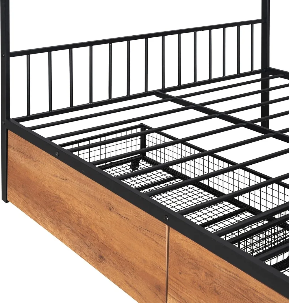 Metal House Bed for Kids, Full Size Bed Frame with Storage Drawers and Slats, Kids Bed Frame with Headboard and Footboard