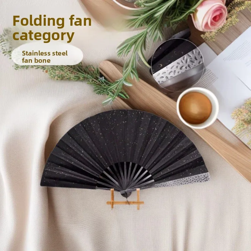 Black lacquered gold silk fabric inscribed fan, chrome steel hand-forged metal, ancient style folding fan