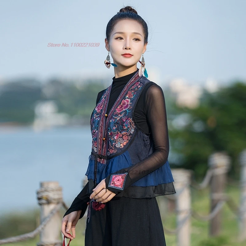 2024 flower embroidery lace patchwork chinese folk vest traditional oriental ethnic casual gilet retro sleeveless waistcoat vest