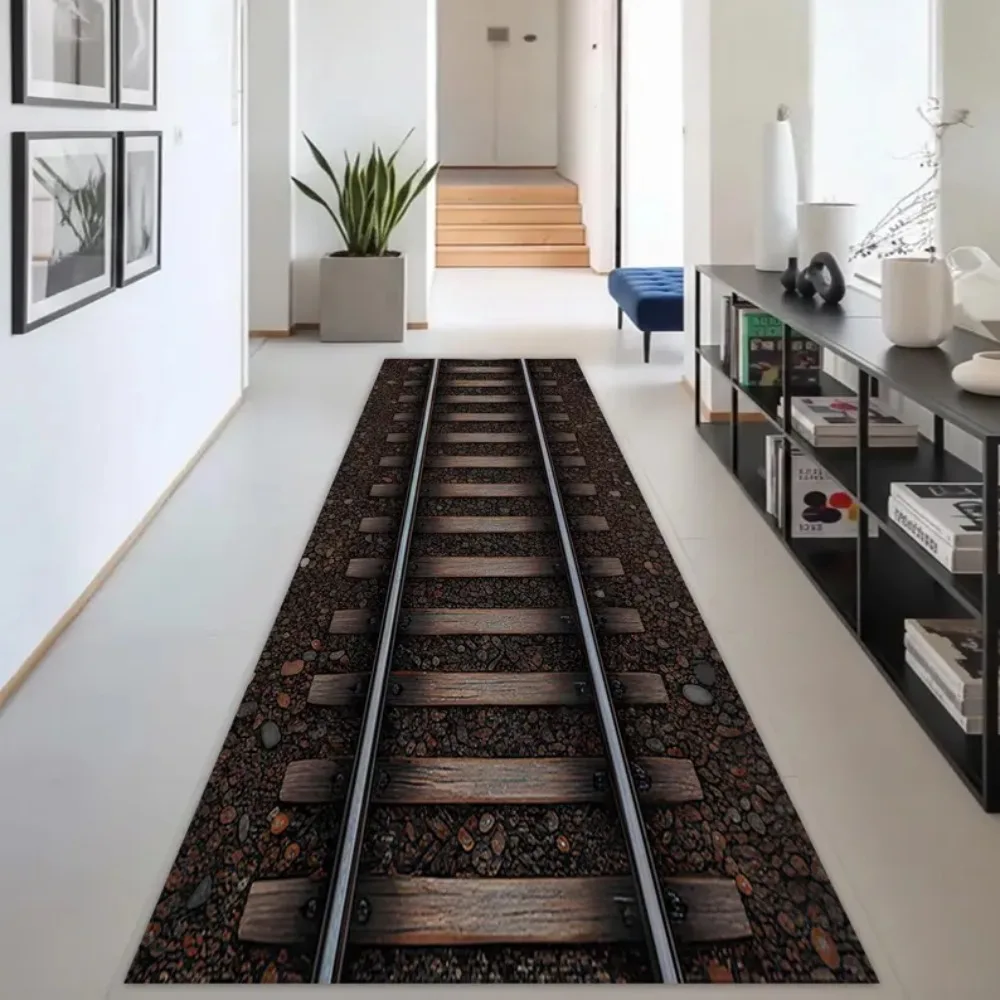 3D Retro Train Track Runner Carpet Fabric Comfortable Non Slip Easy Clean Perfect for Home Place Kitchen Mats or Vacation Home