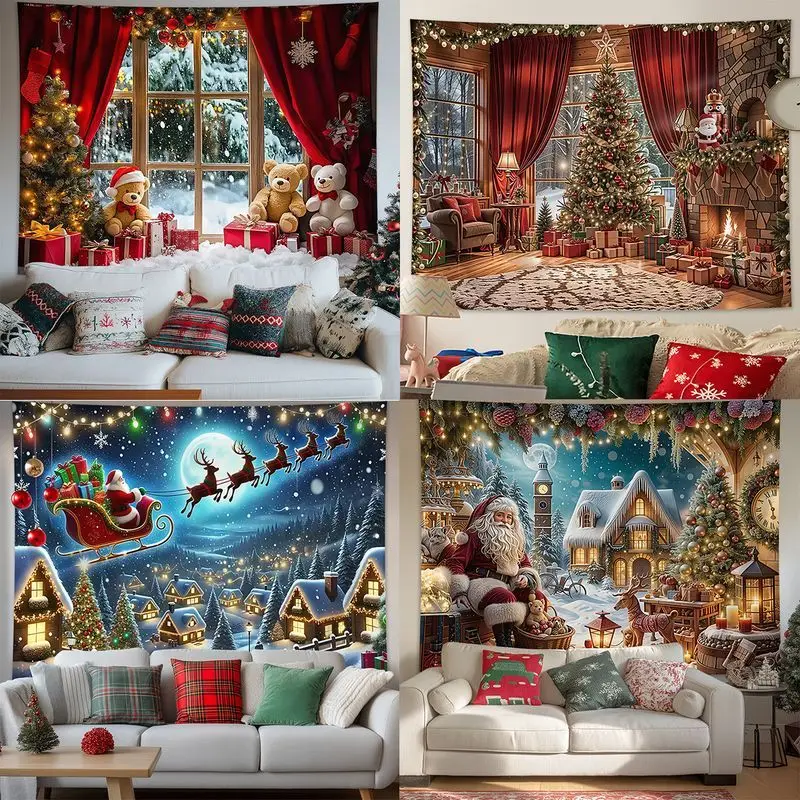 VIKAMA Christmas Cozy Cabin Wall Hanging, Santa Sleigh Snowy Village Print, Large Wall Art for Living Room Holiday Decor