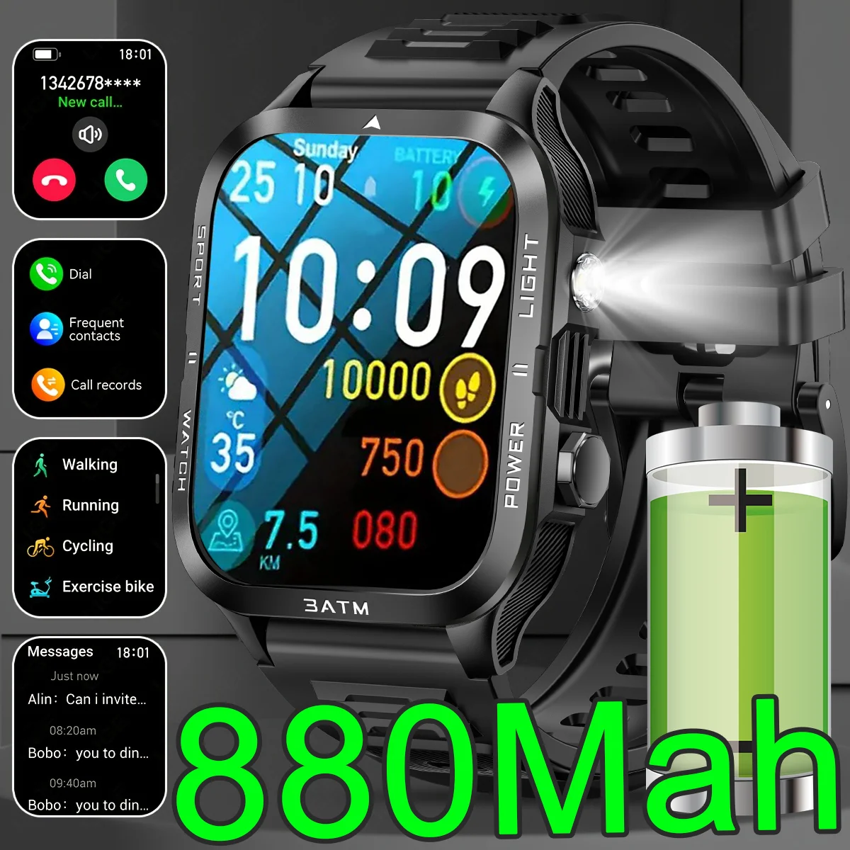 

Outdoor Sports Smartwatch Men GPS 800mAh Battery Bluetooth Call Health 1.96-inch Screen Flashlight 3ATM Waterproof Smart Watch