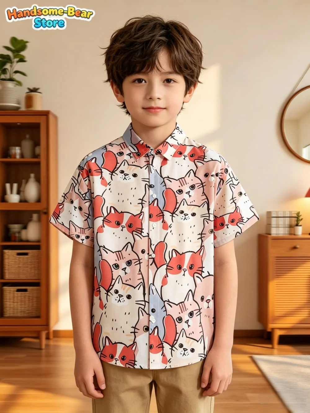 Unisex Fashion Kids Cute Cat Print Casual Daily Wear 3D Printing Short Sleeve Shirt Fashion Hawaiian Shirt for Children Harajuku