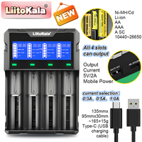 LiitoKala new Lii-K4 Li-ion NI-MH/NI-Cd Smart Charger for 18650/21700/26650/AA/AAA - LCD Display & USB Power Bank Function