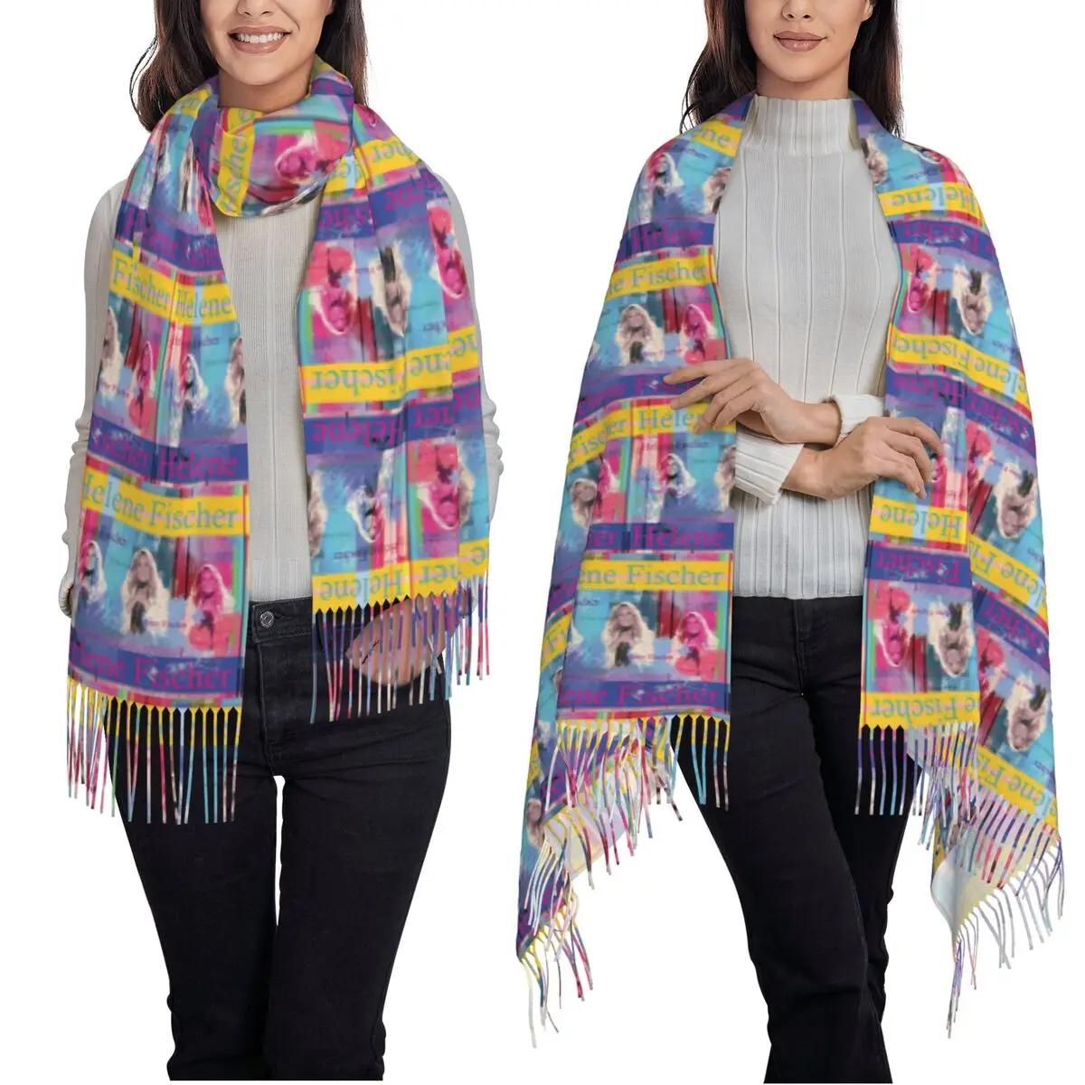 Helene Fischer Portrait Scarf Tassel Scarves Women Soft Warm Shawls and Wraps Large Fall Winter Shawl Wrap