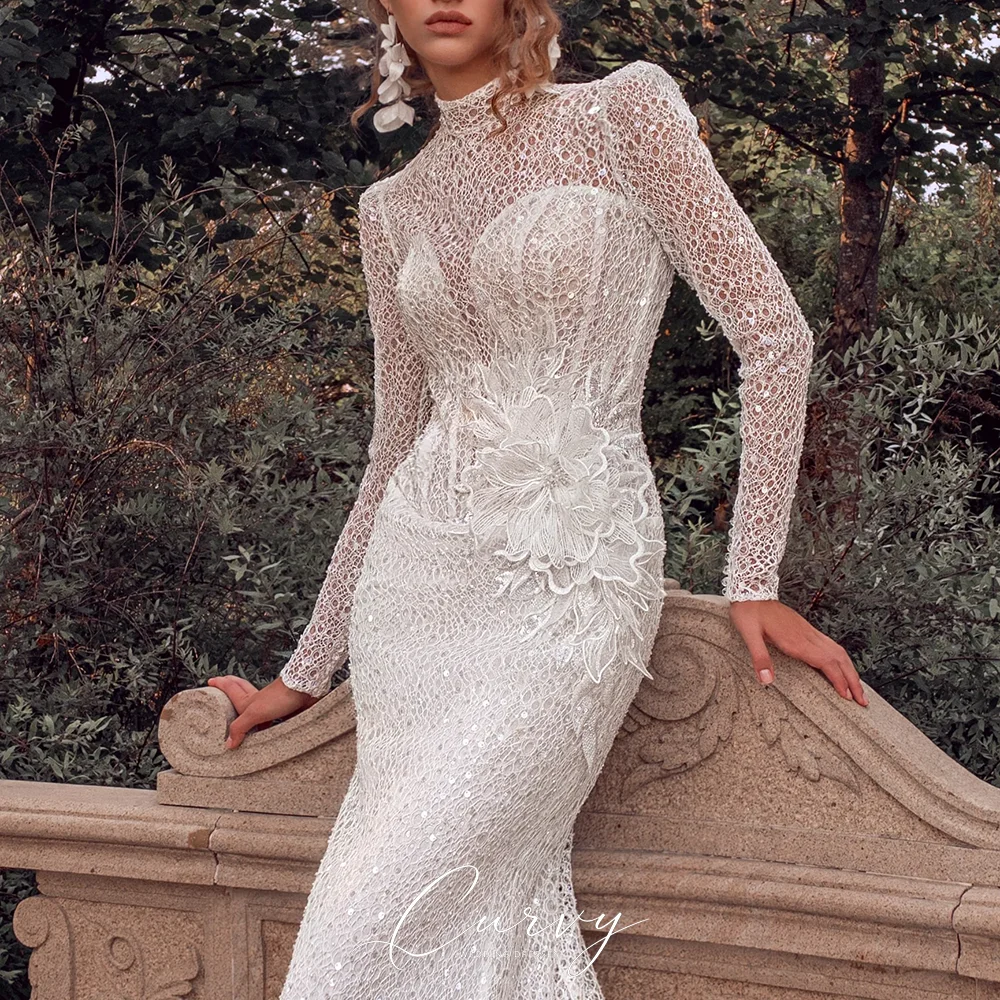Curvy Elegant Illusion High Neck Full Long Sleeve Sequin Lace Handmade 3D Flower Waist Detail Mermaid Bridal Gowns for Women