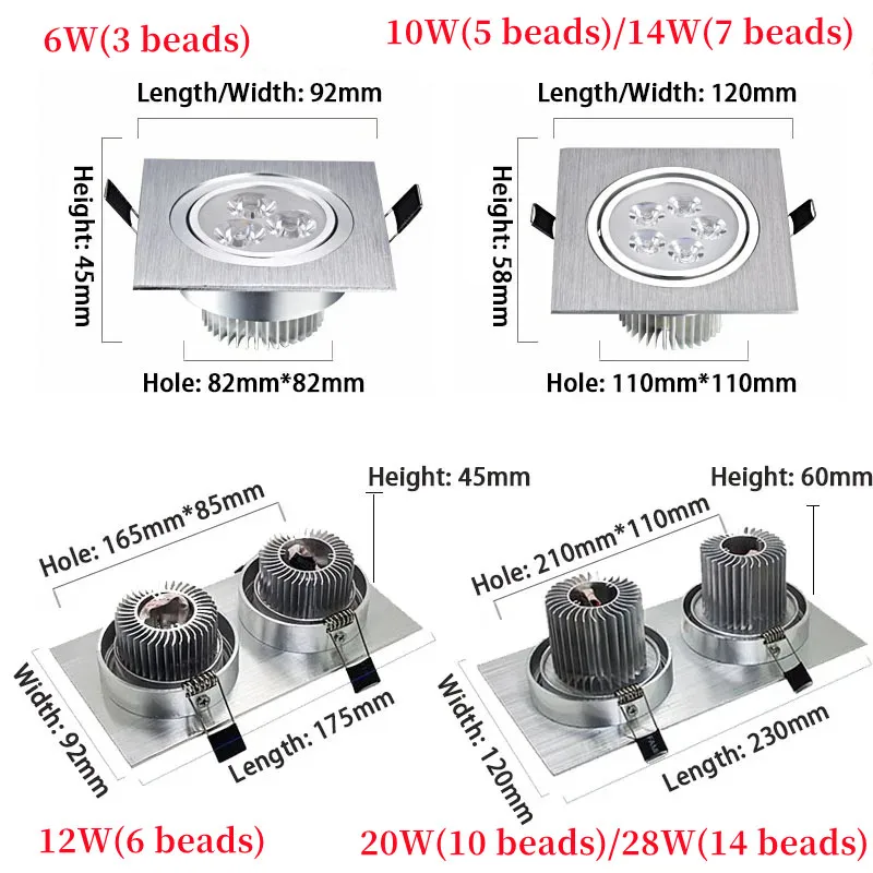 Możliwość przyciemniania kwadratowe oprawy wpuszczane LED COB LED reflektor sufitowy 9W/15W/18W/21W/30W/42W AC85 ~ 265V podwójne głowy lampy pokojowe