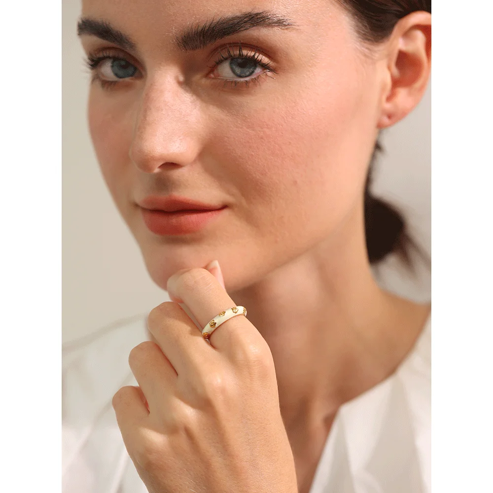 Yhpup Fashion White Enamel Stainless Steel Exquisite Open Ring Women 18K Gold PVD Plated Jewelry Stylish Accessories Gift