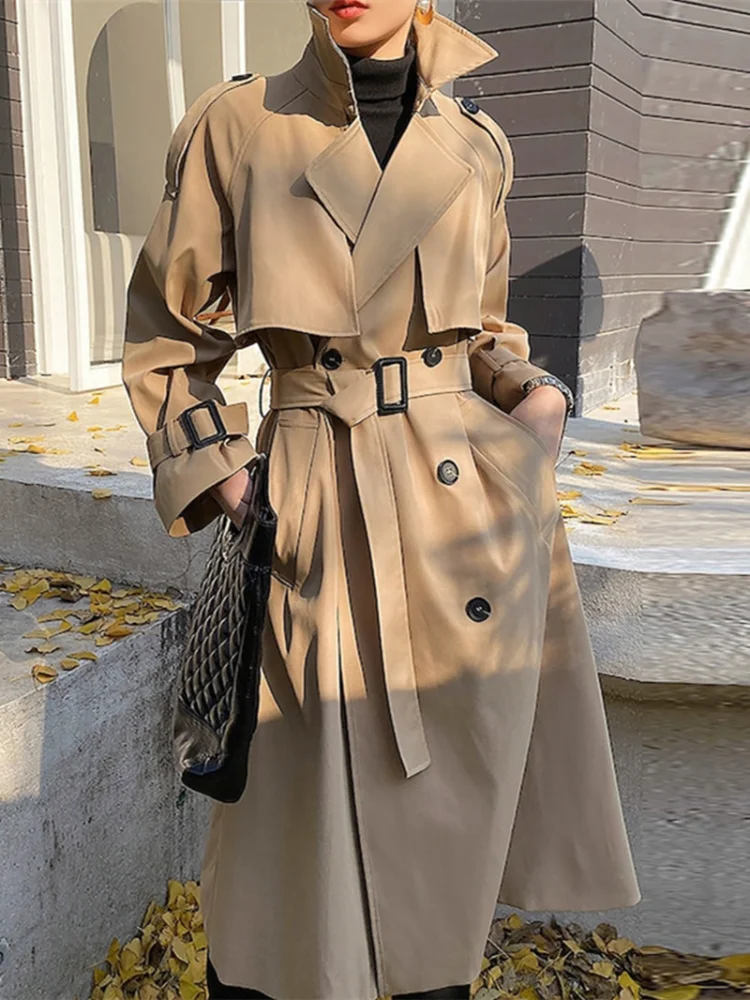 

Vintage Windbreaker Women Autumn Winter Khaki Jackets Ladies Elegant Double Breasted Belt Coats Female Casual V Neck Jacket