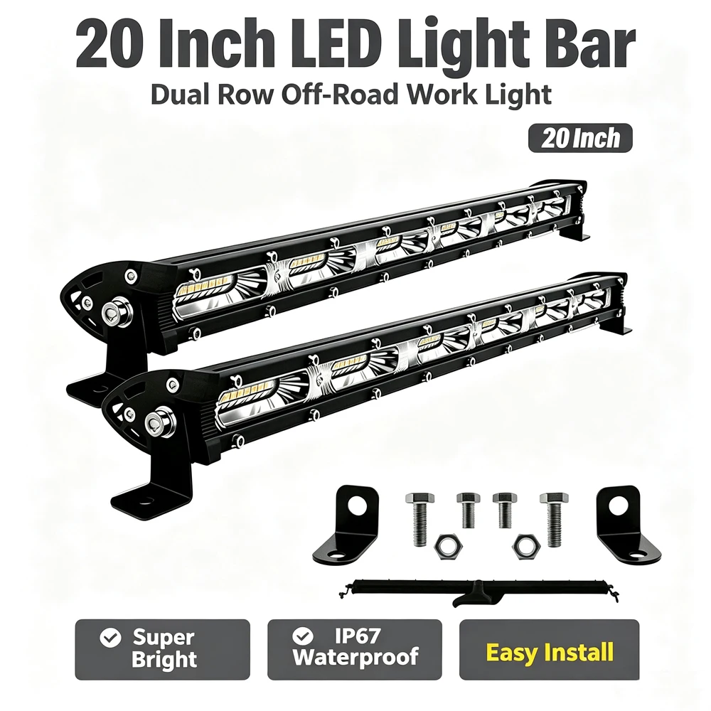 2PCS 20-Inch LED Off-Road Light Bars, lightweight Slim Work Lights, Suitable for Off-Road, Trucks, SUVs, ATVs, UTVs, Tractors, and Boats; Two-Piece Set Comes with Mounting Screws