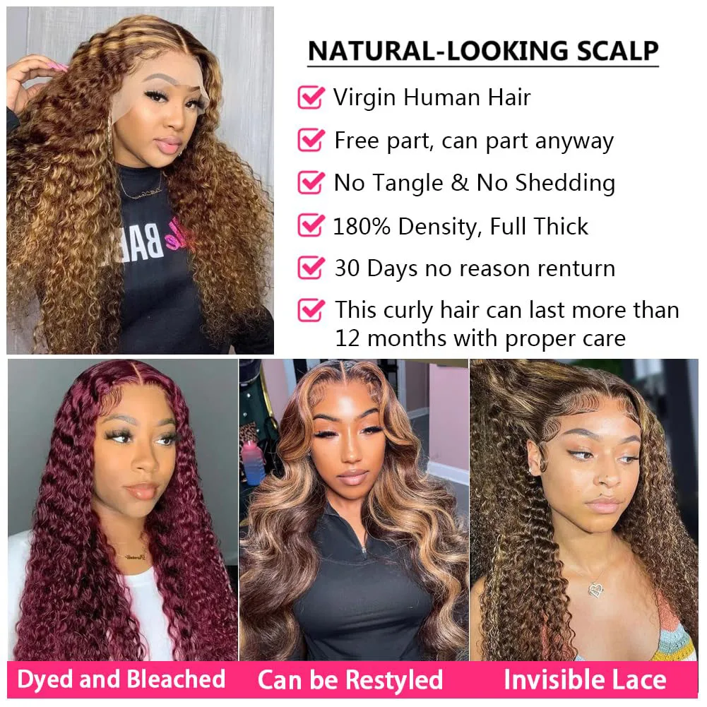 36 Inch Deep Wave P4/27 Highlight Ombre 13x6 13x4 HD Transparent Lace Front Wigs Curly Lace Frontal Wigs for Women Pre Plucked view 6