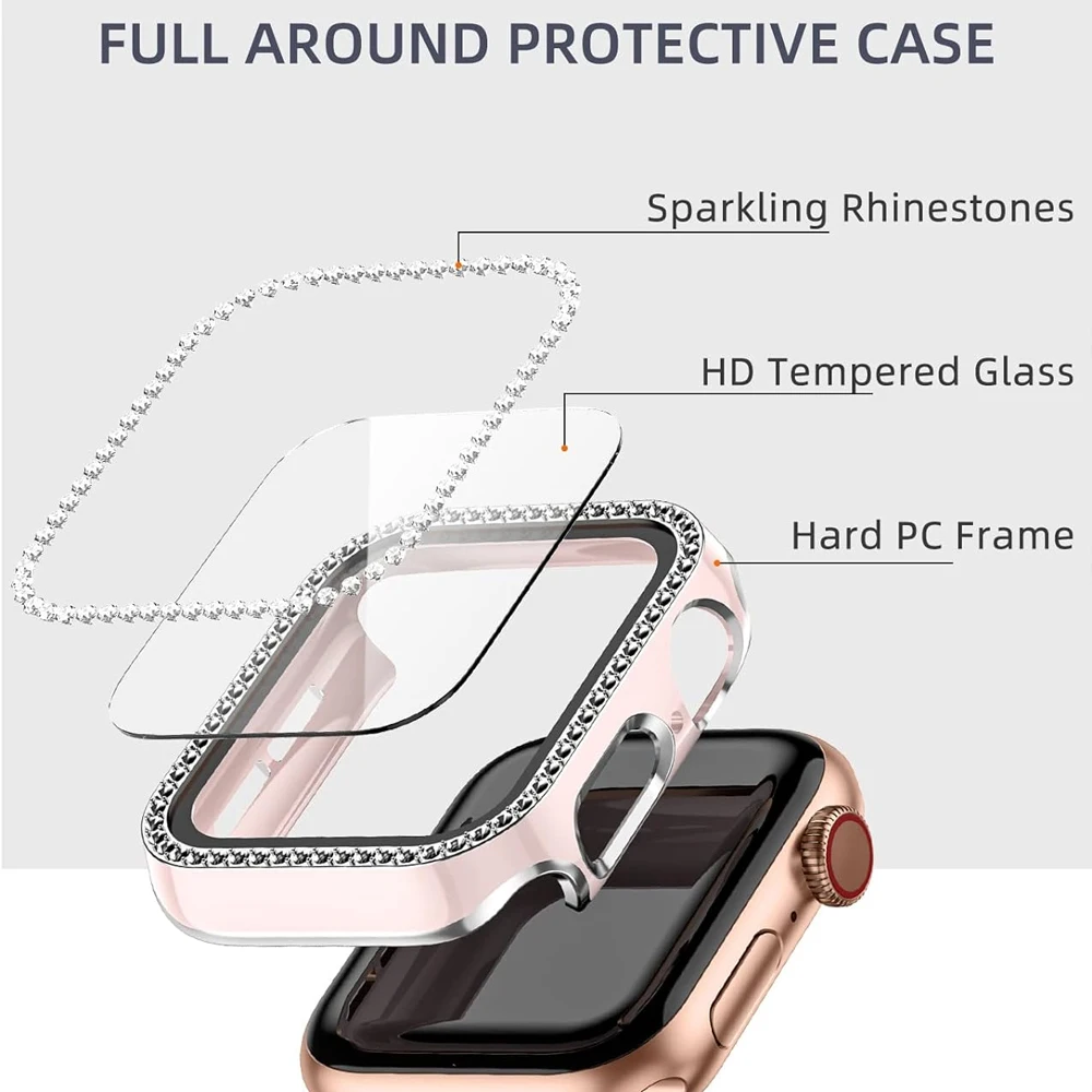 Cover For Apple Watch Case 44mm 45mm 41mm 40mm 38 42mm Bling Diamond bumper+Screen Protector Glass iwatch series 9 8 7 5 6 4 SE
