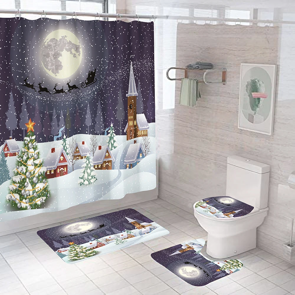 

Santa Claus Merry Christmas Fabric Shower Curtain Waterproof Snow Scene Bathroom Curtains Anti-skid Rugs Toilet Cover Bath Mat