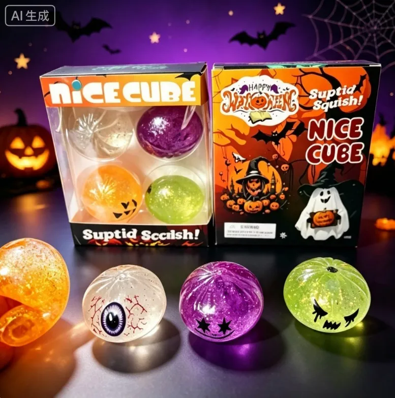 Halloween NICE CUBE Gold Pink Eye Pinch Ball Soft Rubber Squeezing Stress Relief Party Gift Set