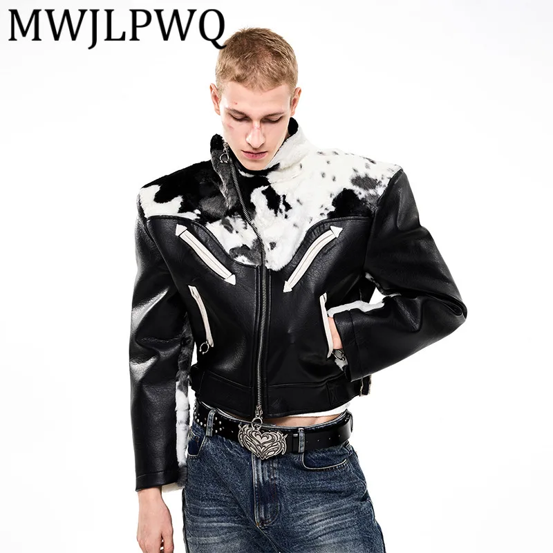 

MWJLPWQ меховая лоскутная куртка с узором для мужчин, осенне-зимняя кожаная куртка с диагональной молнией, мужские мотоциклетные топы с воротником-стойкой Tide 12316