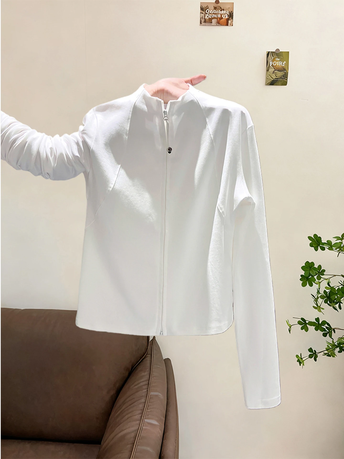 

Белая повседневная женская куртка с двойной молнией, длинными рукавами и воротником-стойкой, модный универсальный кардиган в стиле Lazy Sle Top