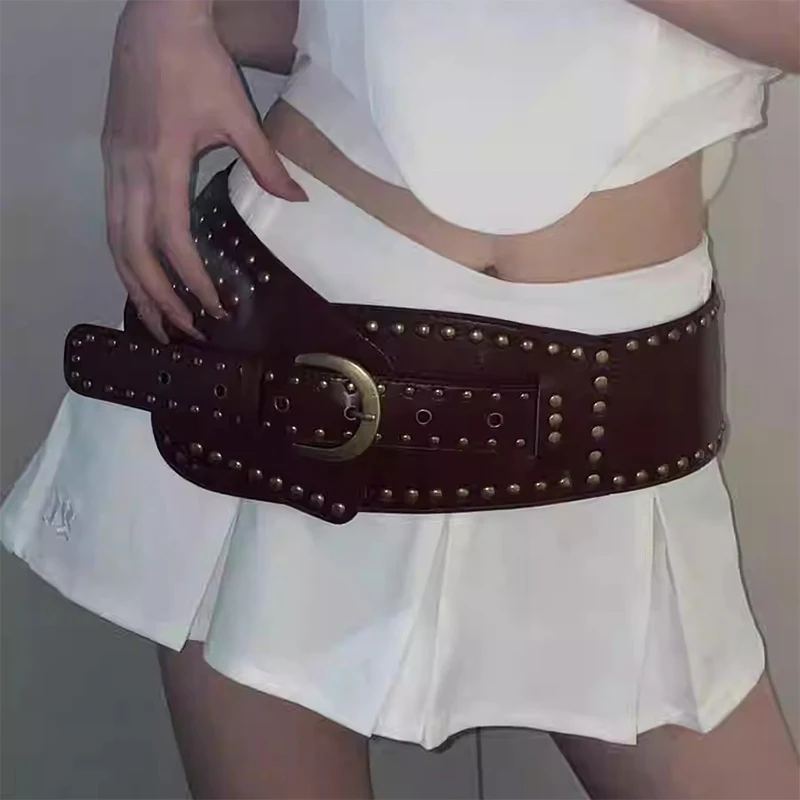Rivet Studded Belt Punk Style Wide Belt Women Corset Decorative Waistband Fashion Pu Leather Adjustable Wide Waist Belts New