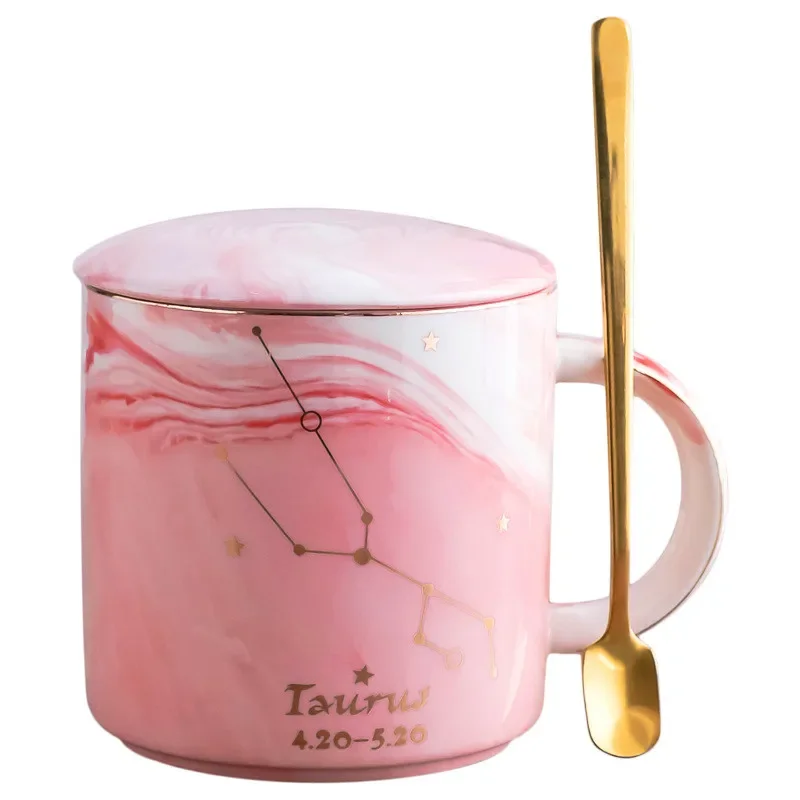 400ML Twelve Constellation Marble Cup with Cover Long Spoon Ceramic Party Tableware Set Porcelain Breakfast Coffee Mug Cup