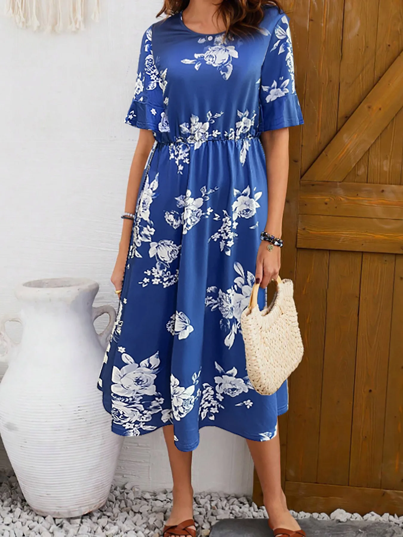 Damen-Midikleid mit blauem Blumendruck, lässig, kurzärmelig, Rundhalsausschnitt, elastische Taille, A-Linien-Kleid, Frühling und Sommer