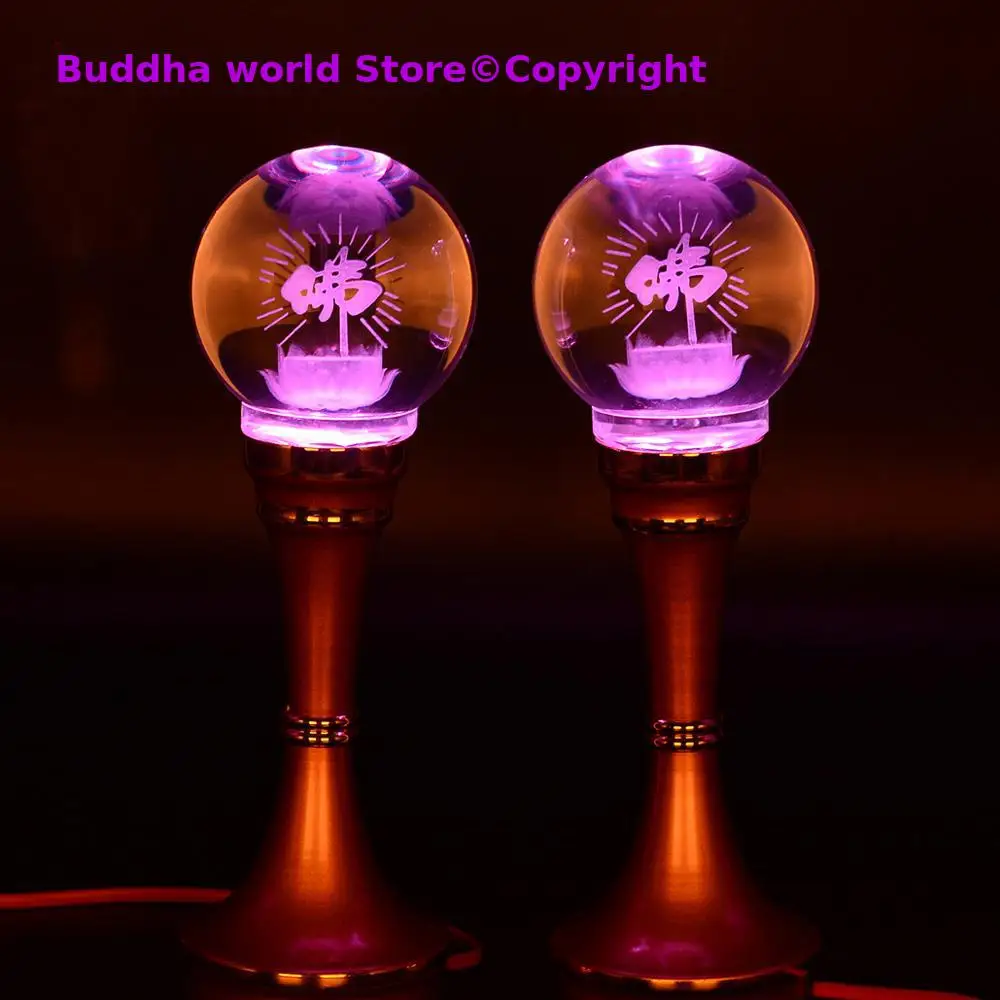 A Pair 2P # Wholesale Buddhism supply HOME SHOP temple altar Buddhist worship 7 colour crystal Plug-in buddha Light 20cm tall