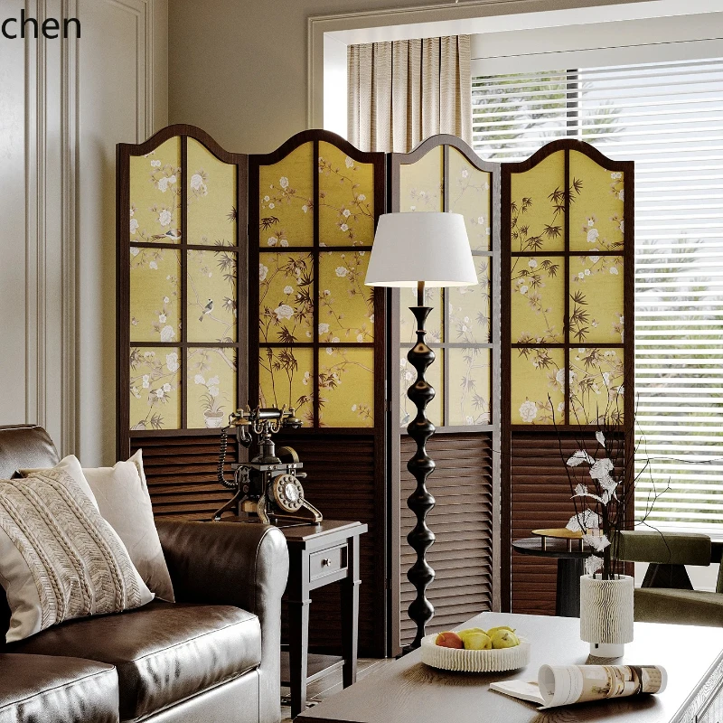 HT  Retro Solid Wood Screen Partition Living Room Hotel Decoration Blocking Entrance Home Art Folding Screen