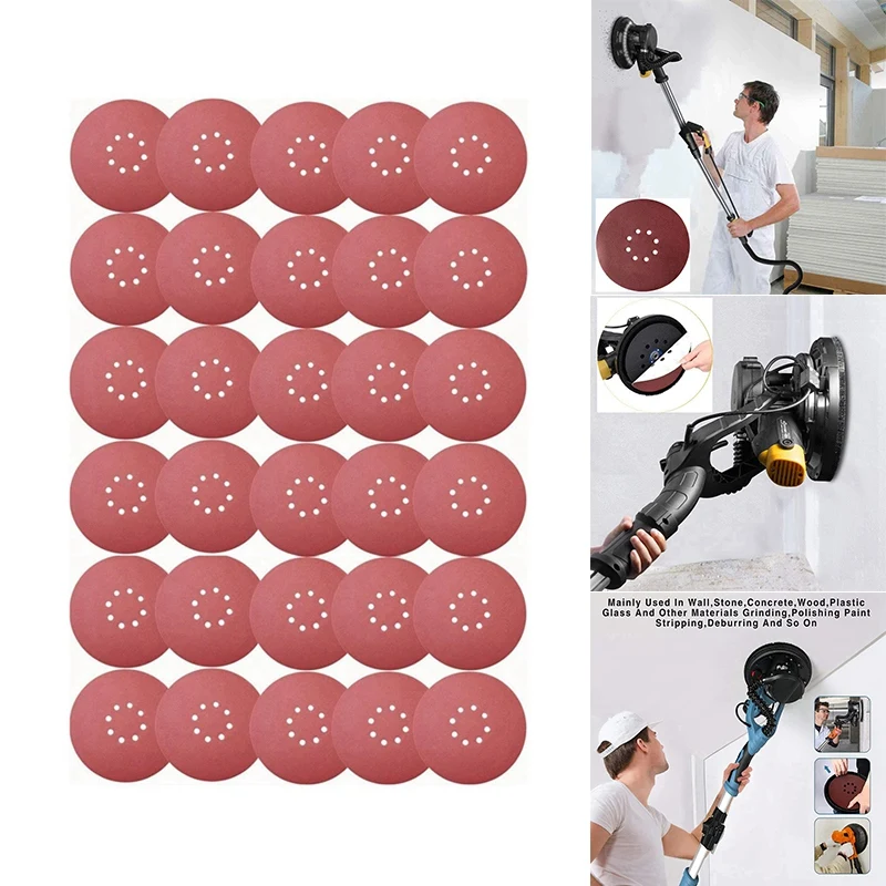 30PCS 9 Inch 8 Hole Sanding Discs Assorted Hook And Loop Sandpaper Orbital Sander Pads